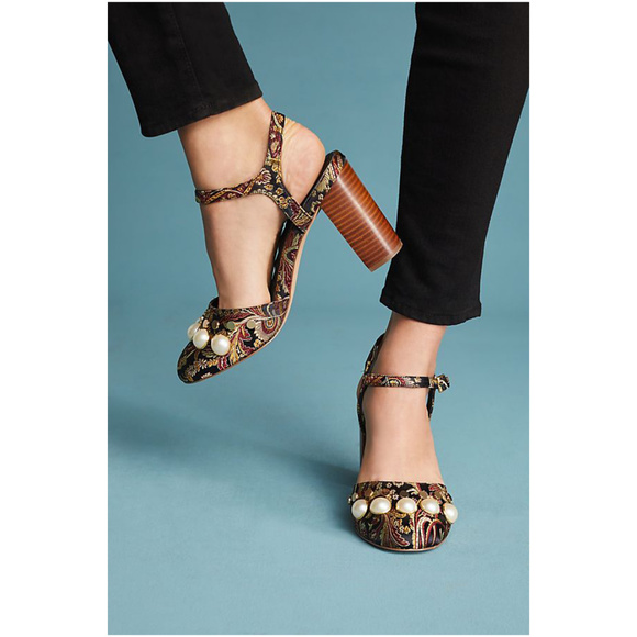 Anthropologie Jacquard Pearl Silk Brocade Block Heels Funky Boho Pumps Shoes - Picture 1 of 10